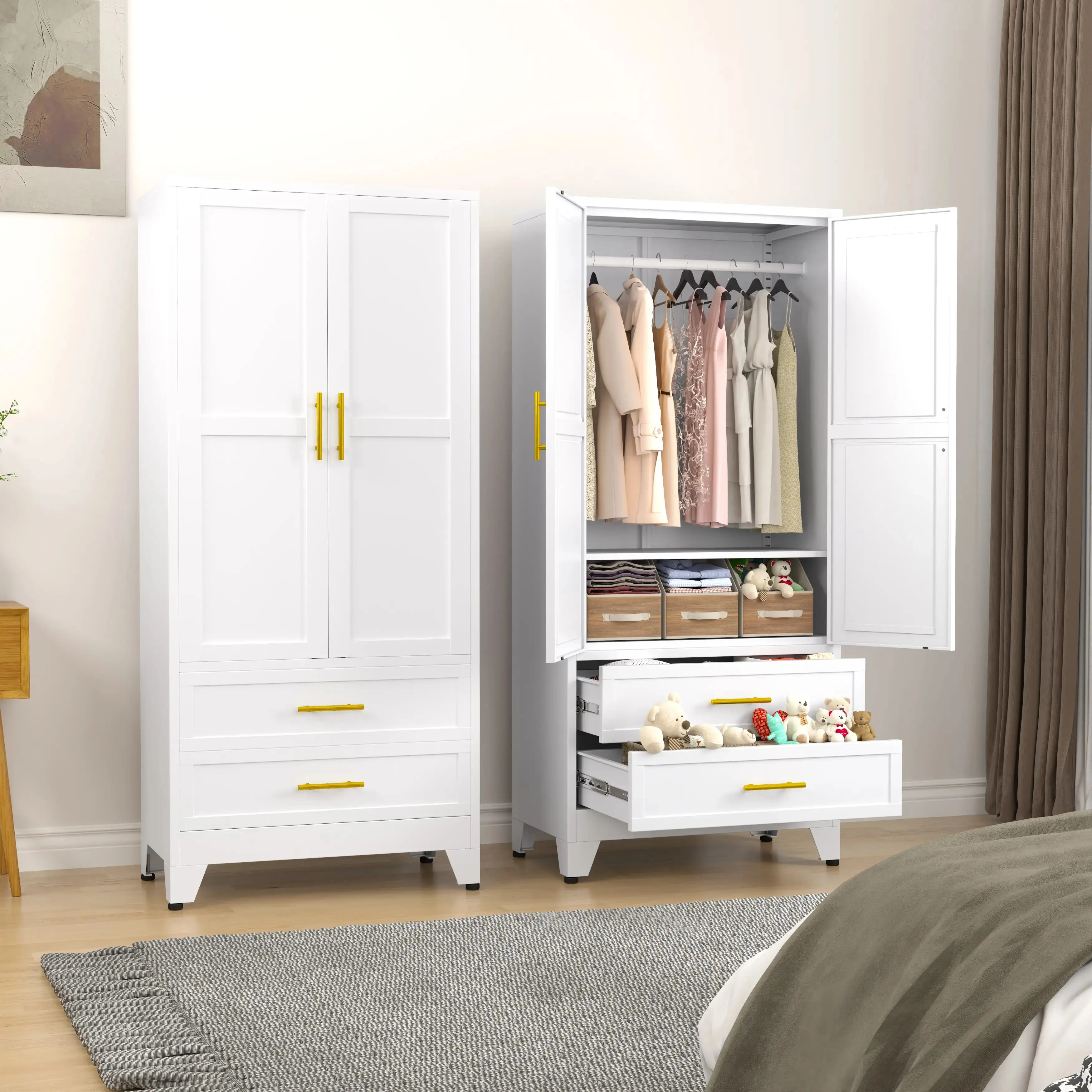 Metal Wardrobe Closet with 2 Doors & 2 Drawers, 71"" Tall Armoire Wardrobe Closet with Hanging Rods and Adjustable Shelf, Steel Wardrobe Storage Cabinet for Bedroom, Large mothersdaygift