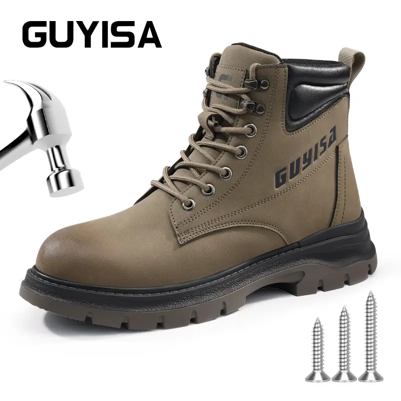 Men's Work Boots - Durable Brown Leather with Secure Laces & Comfortable Sole - Ideal for Construction & Daily Use