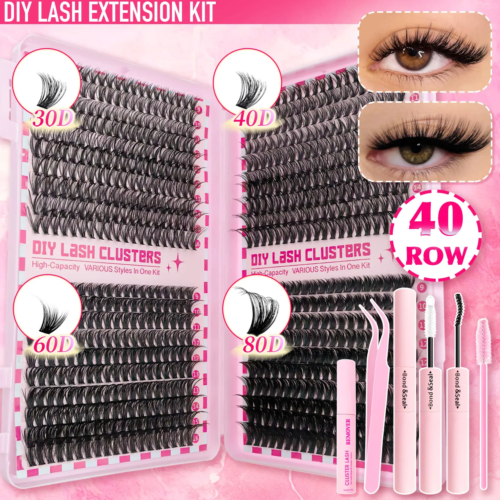 Lash Clusters Kit, Eyelashes Extension Set, DIY Eyelash Extensions, Eyelash Clusters Lashes Natural, DIY Lash Extension Kit Self Adhesive False Eyelash, Eyelash Bond Glue Remover Tweezers, 30D 40D 60D, D Curl Wide Band