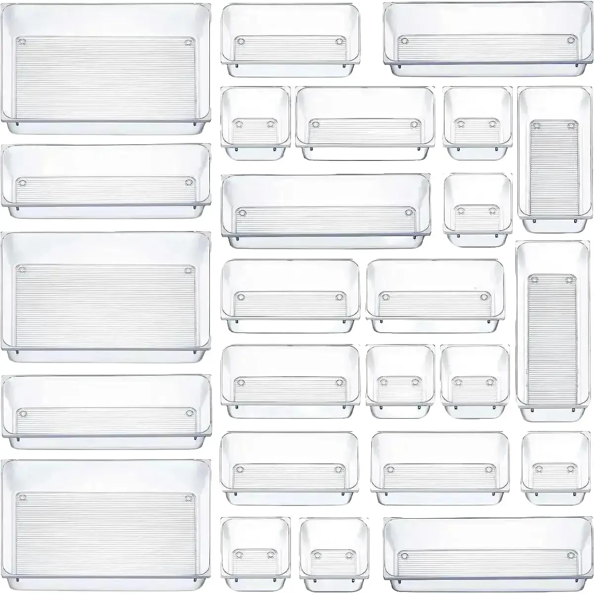 Clear Plastic Drawer Organizers Set - 25 PCS with 4-Size Versatile Trays for Bathroom, Vanity, Kitchen, Closets, and More