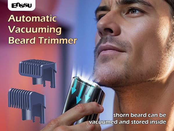 ENSSU Beard Trimmer for Men Auto-Vaccum, Rechargeable ElectricMen Beard Trimmers with 2 Combs, 1-20mm Adjustable Length Dial,Waterproof Cordless Mustache Trimmer for Face, Stubble