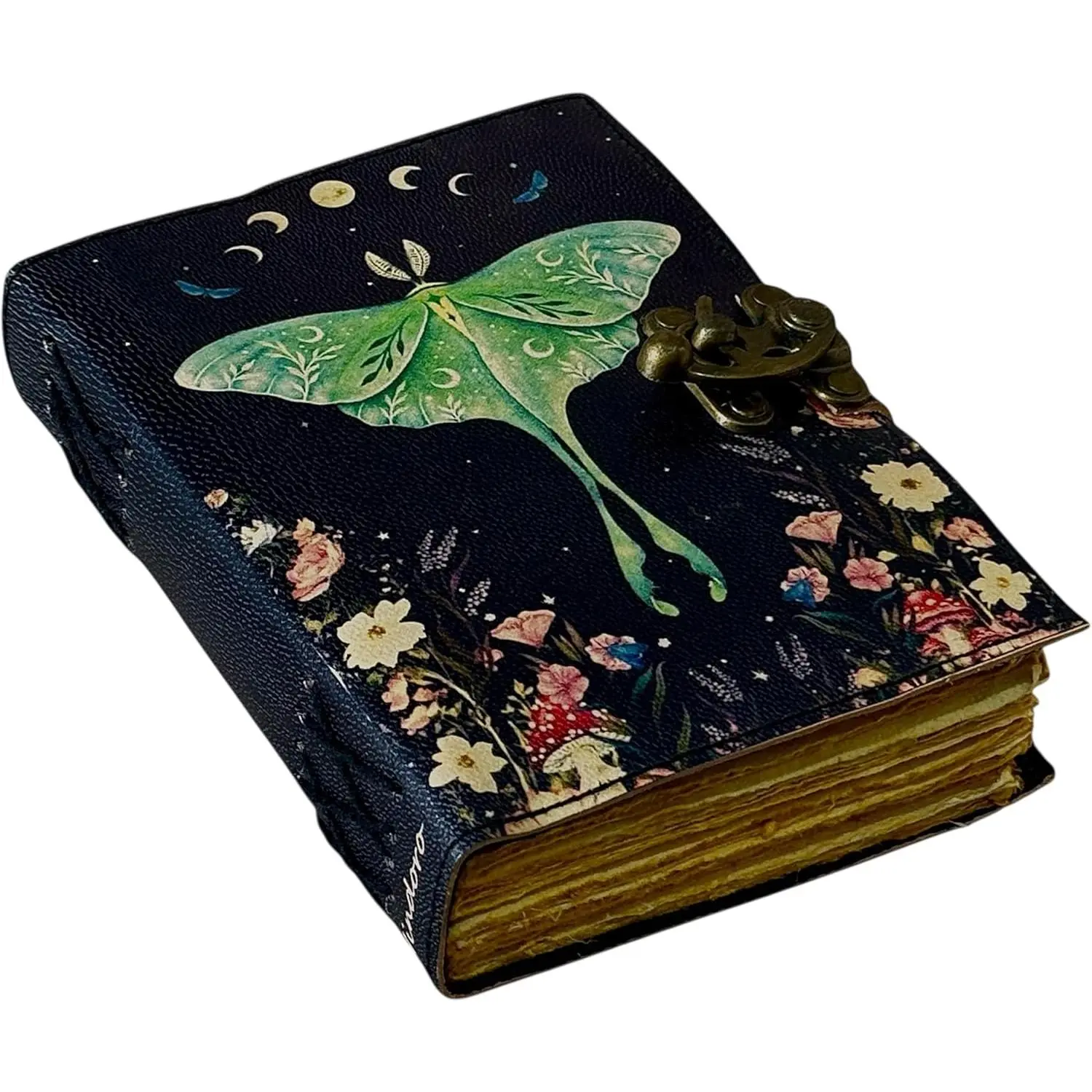Spell Book of Shadows Journal with Lock Clasp   Leather Luna  and Morpho Butterfly Print Diary Prayer Pagan  Supplies  Decor Notebook Daily (7X5 inch)