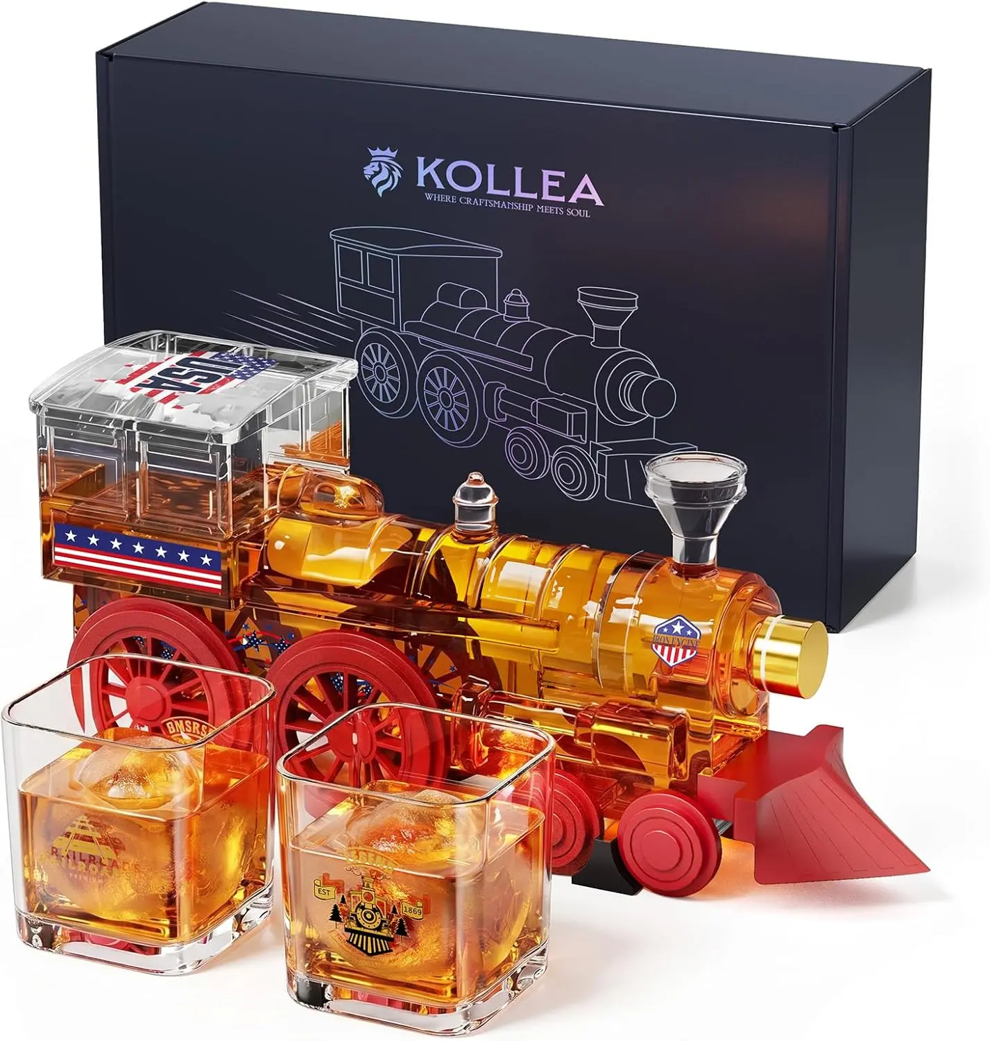 Man Cave Bar accessories,Kollea 250th Anniversary Steam Train Whiskey Decanter Set with 2 Glasses&Luxury Gift Box,Large Capacity Liquor Dispenser,Empty Decanter,No Alcohol Included,Birthday Presents for Father,Husband,Boyfriend,Home Decor,Home Essentials