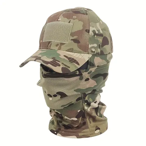Tactical Balaclava Full-Face Mask with Snapback Sun Hat - Breathable Polyester-Blend Knit, Camouflage Outdoor Hunting Gear, Fitted Hook-and-Loop Closure for Summer Sports & Outdoor Protection