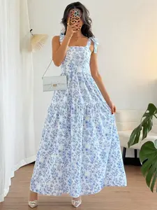 French Elegant Bohemian Womenswear Pleated Waist Floral Bell Dress, Sleeveless Flowy Dress, Light Blue Floral Summer Dress, Slim-Fitting All over Print