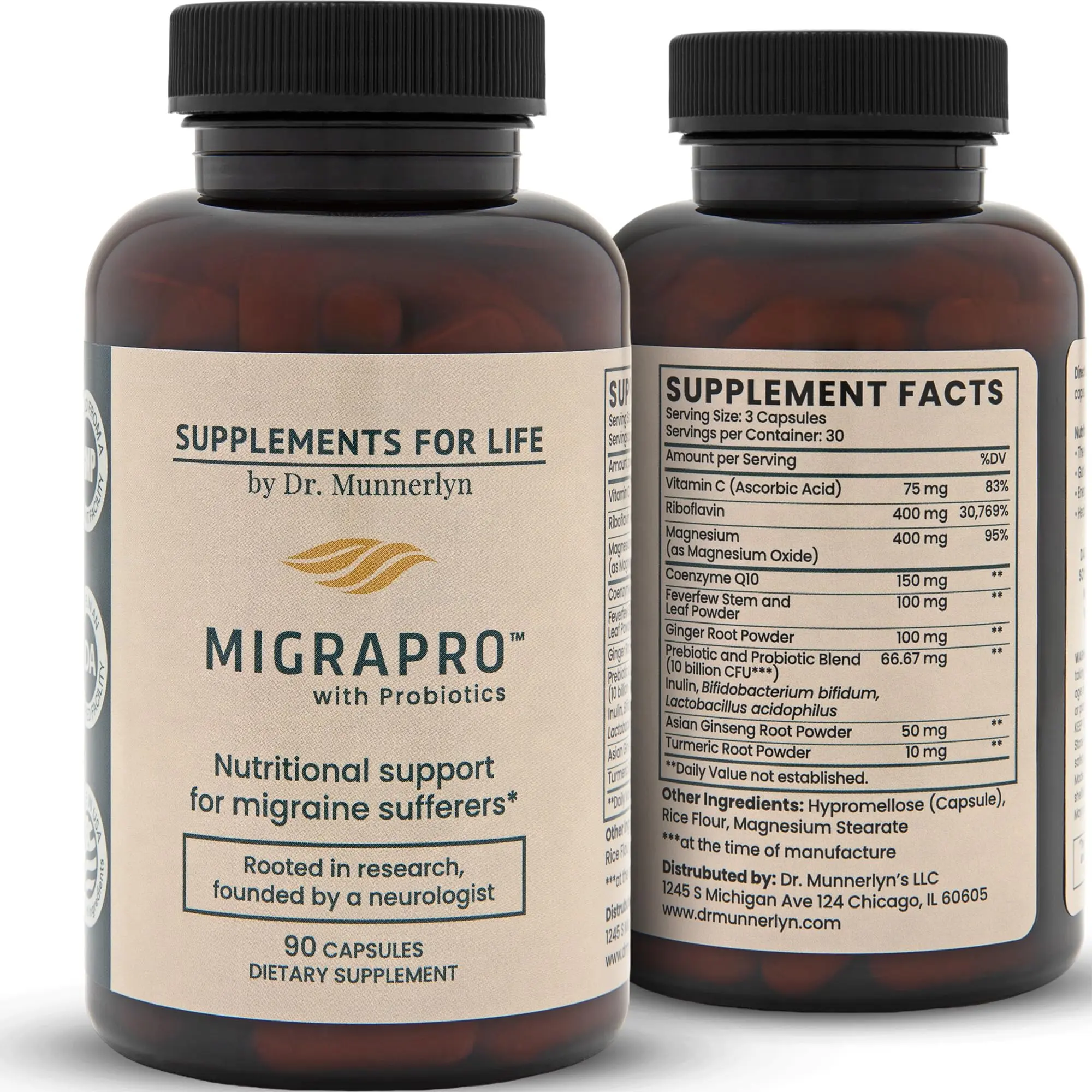 Dr. Munnerlyn MigraPro Probiotic Healthcare Supplement - Brain & Gut Health Support with Magnesium, Riboflavin, CoQ10, Ginger Root, Asian Ginseng, Vitamin C, Feverfew, Turmeric, Gluten-Free, 90 Capsules
