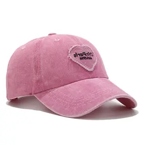 2026 Fashion Trend New Heart-Shaped Pink Washed Duckbill Cap Embroidered Vintage Sunshade Versatile Baseball Cap