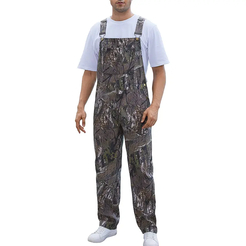 Yuanbang Men's Sleeveless Leaf Pattern Camo Work Utility Overalls Outfit, Camouflage Coveralls Jumpsuit with Pockets and Zipper Closure