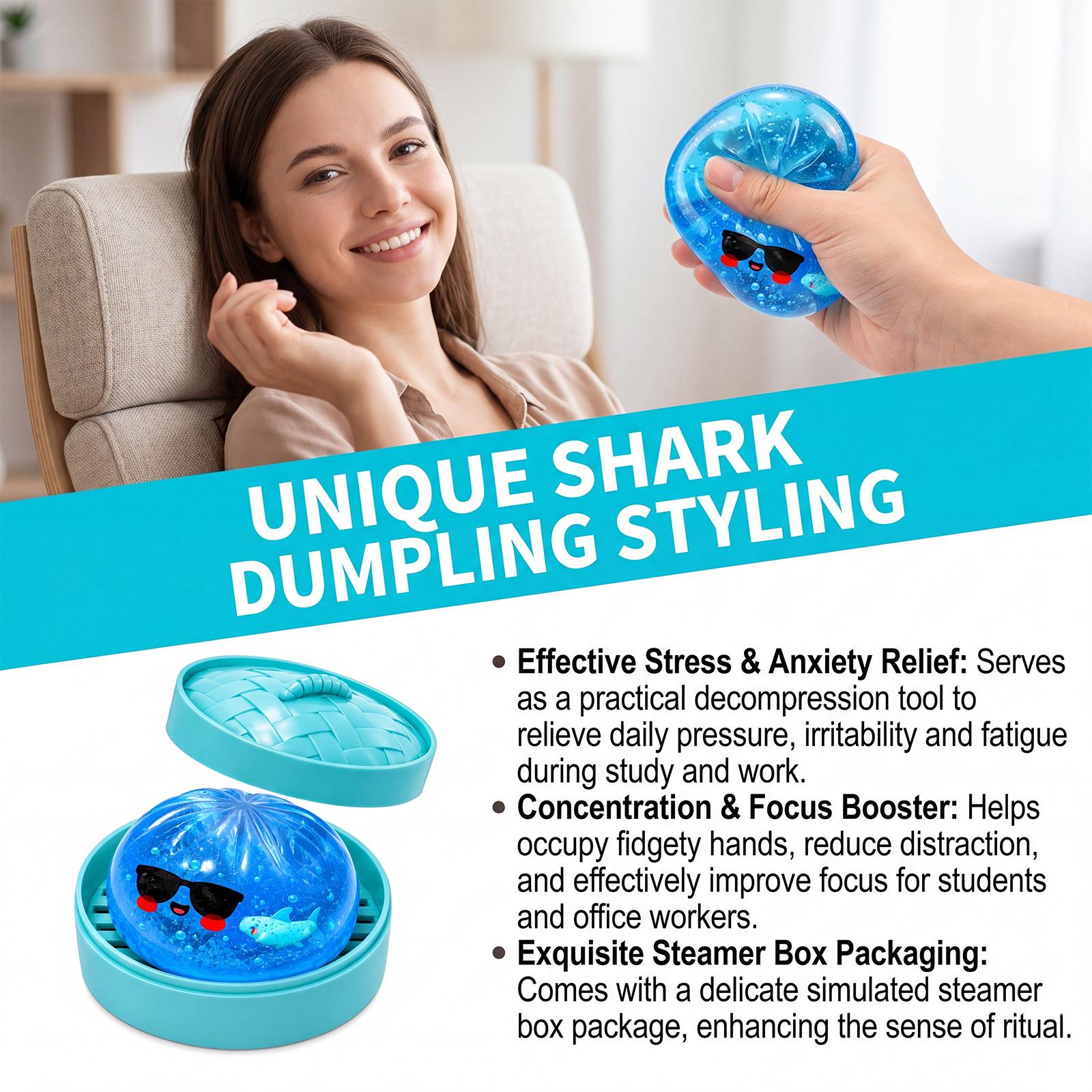 Kawaii Cool Sunglasses Transparent Glitter Steamed Bun Squishy Toy, Soft TPR Slow Rising Dumpling Stress Ball with Tiny Shark Decor & Mini Bamboo Steamer, Kids Birthday Party Supplies Classroom Reward Anxiety Fidget Toy for Boys Girls