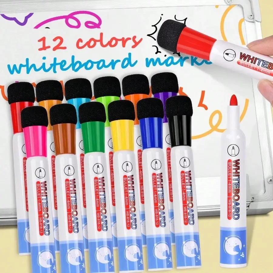 12/24 Color Whiteboard Markers with Eraser, Bulk Markers, Whiteboard Pen, Dry Erase Pen, Ideal for Whiteboards and Calendars, Perfect for Classroom, Home, Office Supplies, Back-To-School Season