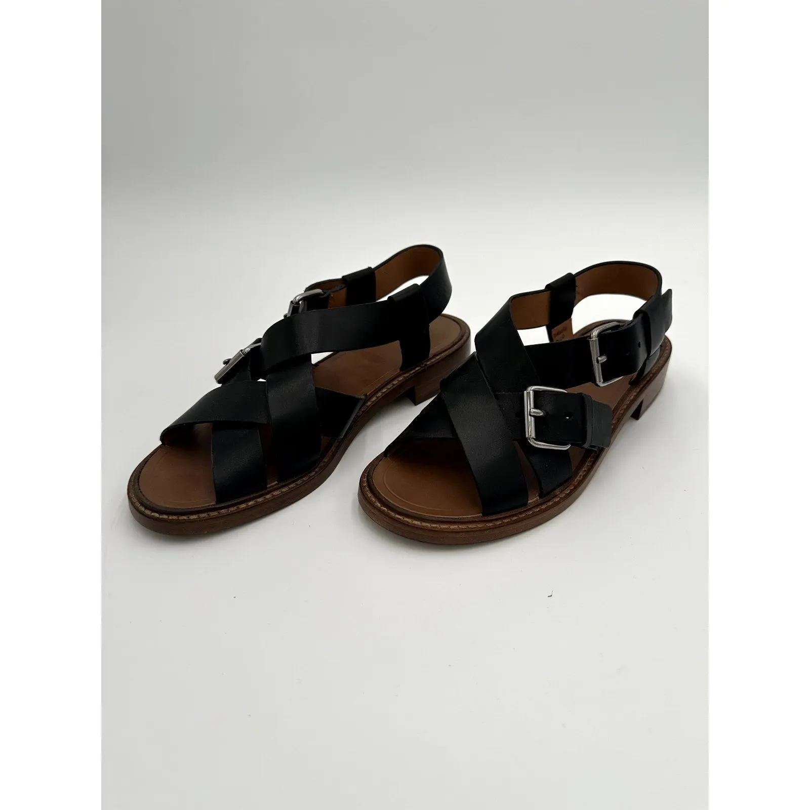 Women's Buckle-Strap Cross-Strap Church Sandals, Black Leather Upper, Size 37/7 (#5)