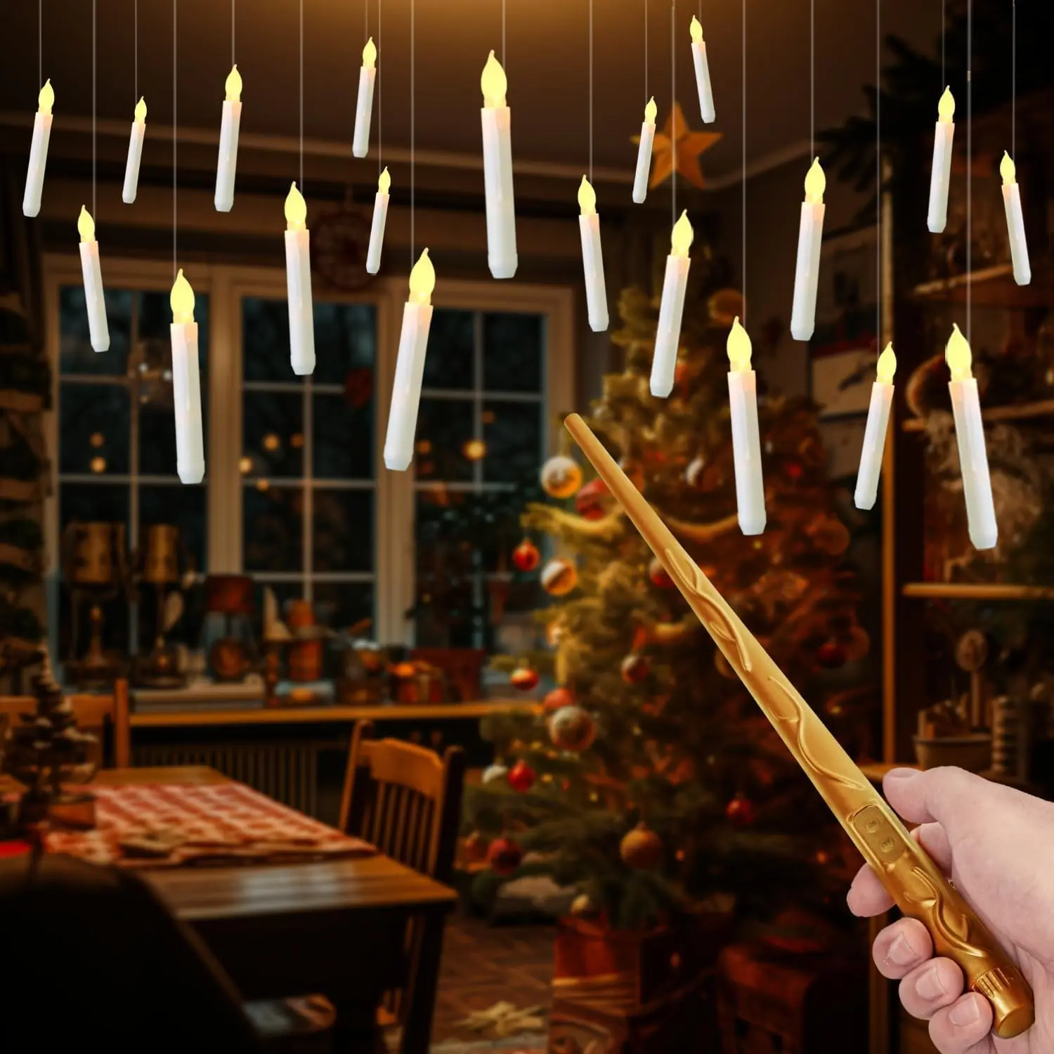 20 count Floating Candles with Wand, Magic Hanging Candles Flameless, Flickering LED Taper Candle with Wand Remote, Warm Light,  Operated Window Candle for Halloween  Wizzard Decors