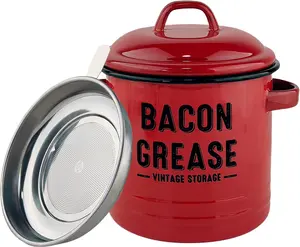 Upgrade Your Kitchen with This 42oz Enamel Ceramic Bacon Grease Container – Features a Removable Strainer for Clean Drippings, Perfect for Reusing or Disposing of Bacon Fat with Mess-Free Ease