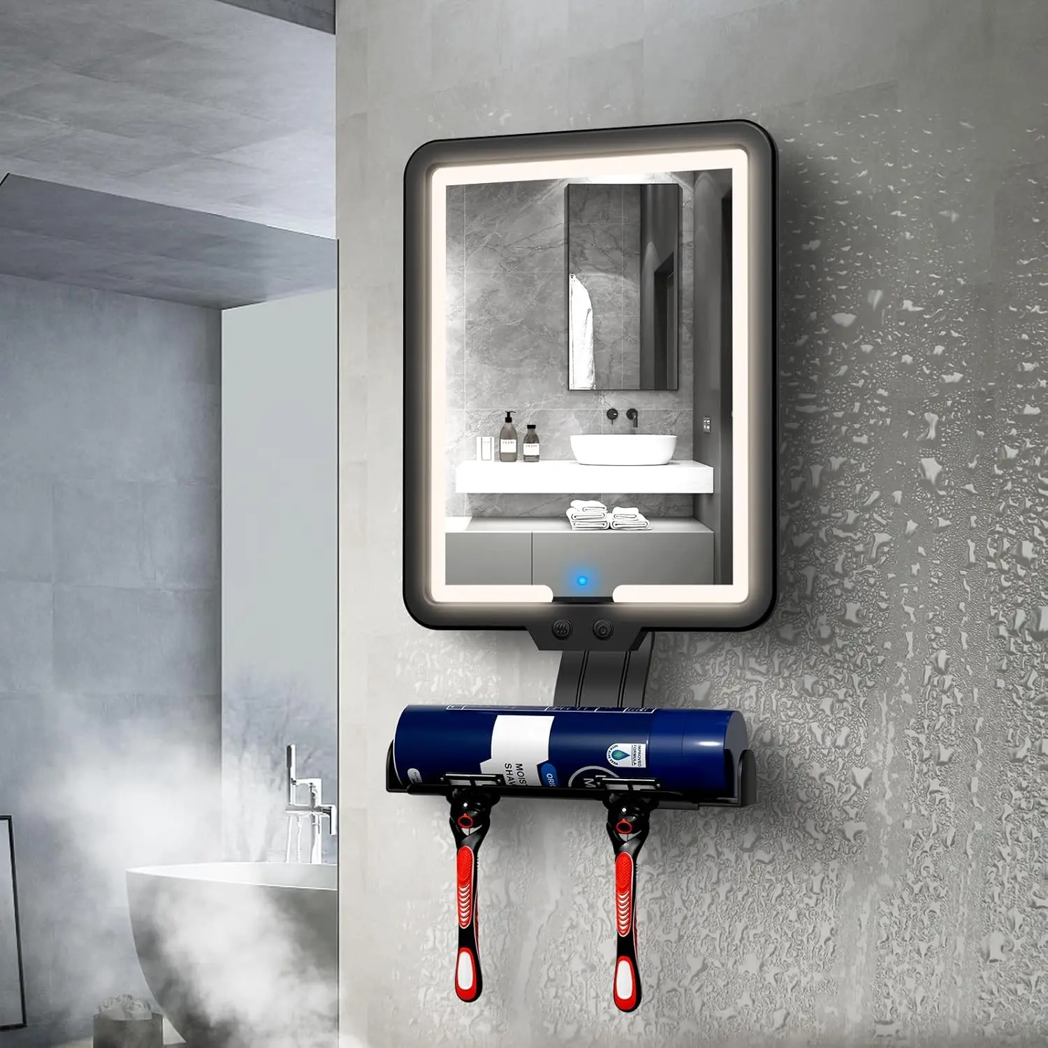 HMGGOOFA Father's day gift ideas,Fogless Shower Mirror for Shaving - Heated Anti-Fog Heat, 3 Color LED Lights, 5000mAh Rechargeable Battery, Waterproof, 9.5x8 in, Razor Holder, Wall Mount, Clear Shower Mirror Reflection