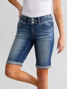 Ladies high waist stretch denim shorts, Bermuda version, hem folding design, wear essential denim shorts in summer.