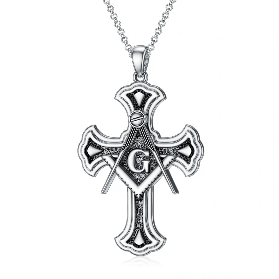 S925 Sterling Silver Compass Cross Masonic Symbol Pendant Necklace For Men Cuban Chain