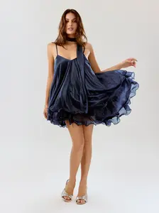 Sequin V-Neck Halter Ruffled Hem Oversized Mini Dress With Scarf