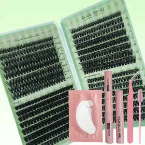 400~640Pcs Per Box, Lash Extension Kit, DIY Lash Clusters, (20D-30D-40D-50D-60D) DIY Lashes Cluster D Curl, With Lash-Glue Bond And Seal, Lash Remove And Lash Applicator Brush Tool and Gel Under Eye Pad For Self Application At Home Party and Travel