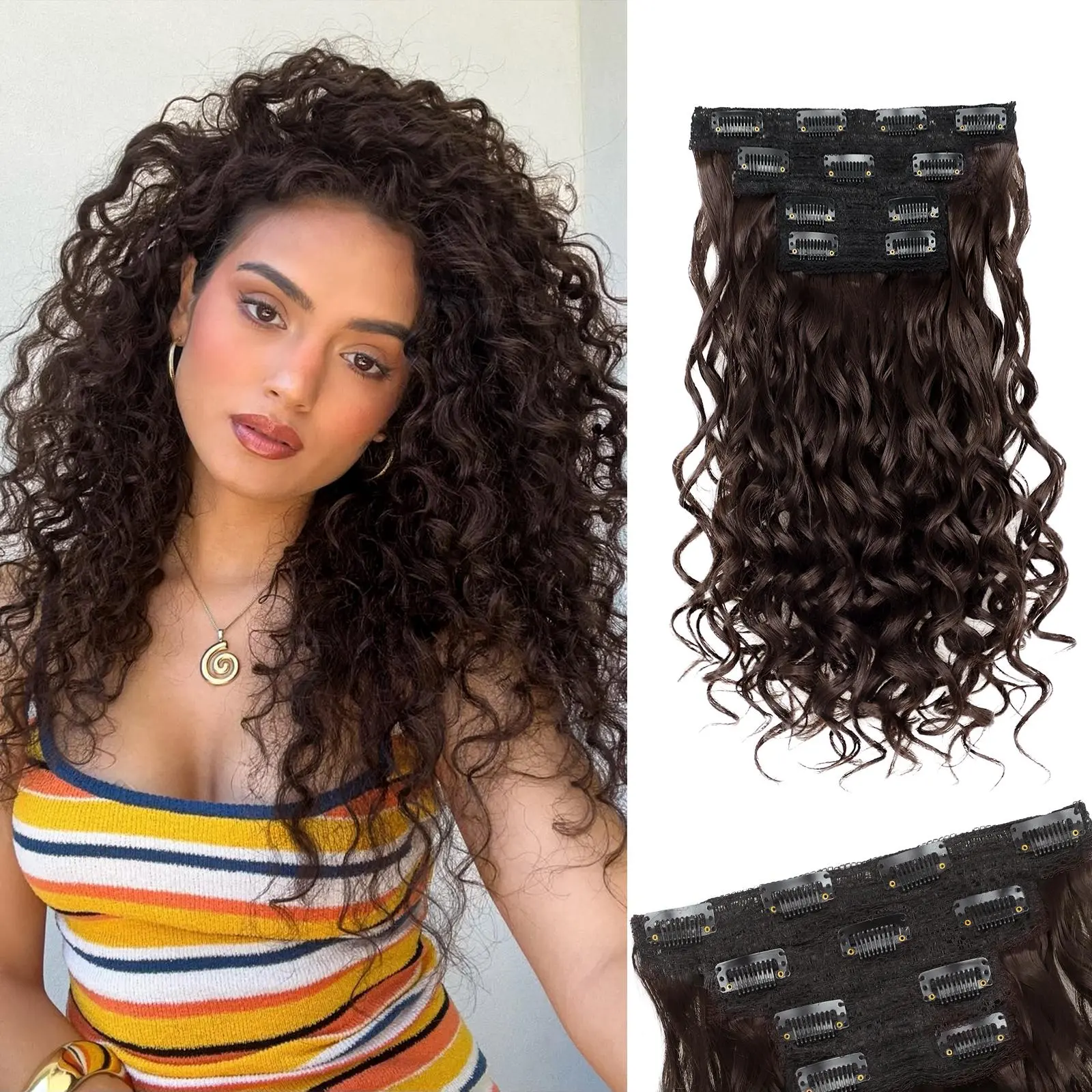 GEEOE Women's Invisible Lace Weft Clip-In Hair Extensions, 4PCS 20in Thick Curls Synthetic Hairpieces with Natural Look for Everyday Wear