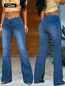 Women's Denim Jeans Elastic Waistband Flared Bell Bottoms, Casual Plain Pattern Pants, Comfortable Stretch Fabric, Perfect for Daily Wear, Slim