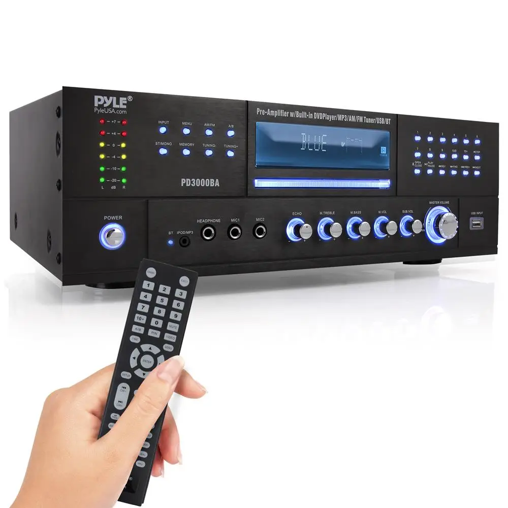 4-Channel Bluetooth Amplifier 3000W Peak | Home Theater Stereo System with CD/DVD Player, FM Radio, USB & SD Playback, Front Panel LCD Display & Rack Mountable - Remote Control Included - Wireless Music Streaming