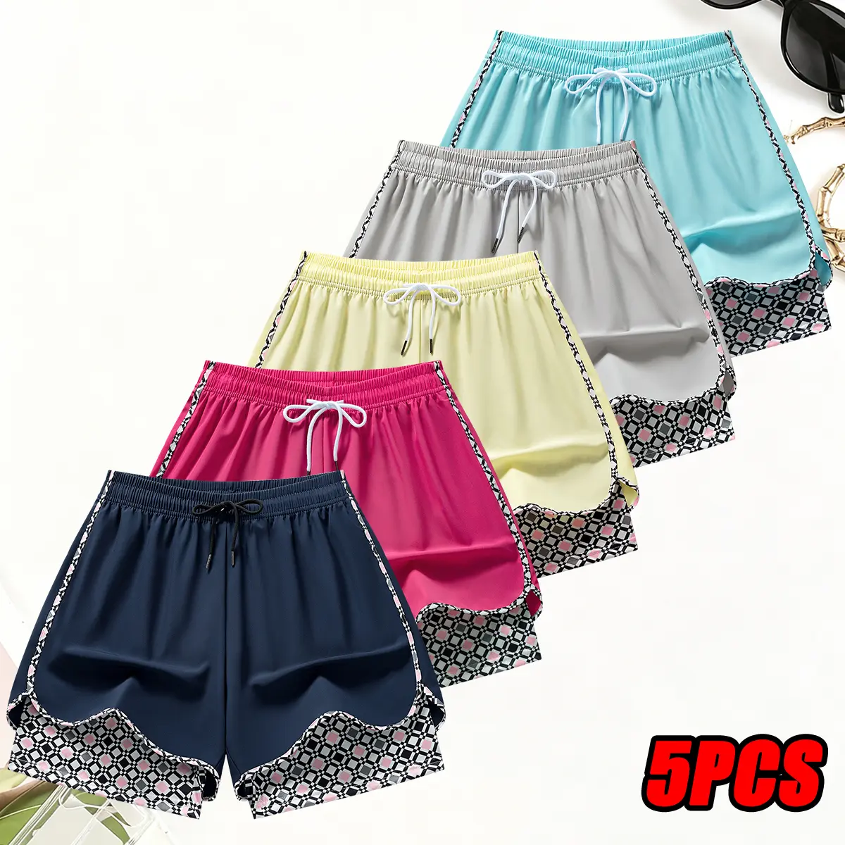 Women's Sports Casual Running Fitness Shorts 5Pcs, Double-Layer Anti-See-Through Design, Slight Stretch, Breathable, Quick-Drying, with Pockets, for Fitness Workouts, Casual Sports, and Running, Knee-Length Pants