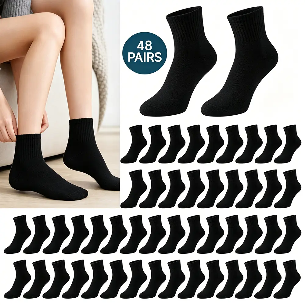 48 Pairs Bulk Athletic Quarter Ankle Socks for Men & Women, Solid Color Breathable Polyester Fabric, Moisture-Wicking for Gym, Breathable Fabric Socks