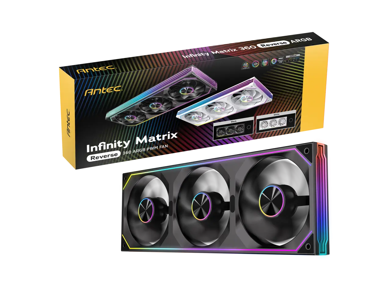 Antec Infinity Matrix 360 Reverse ARGB, 360mm Single-Frame Fan Design, Reverse Blade, Independent Dual-Cable Design, Four-Sided Infinity Mirror Lighting, PWM 1800 RPM, 5V 3-Pin ARGB