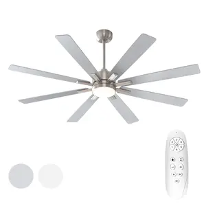 Ceiling Fan with lights and remote contorl,62-Inch,3 Color Dimmable LED Light,Reversible Silent DC Motor,multi-functional,6 Speeds,Timer,8 Wooden Blades,Brushed Nickel, Bedroom, Living Room,Decor