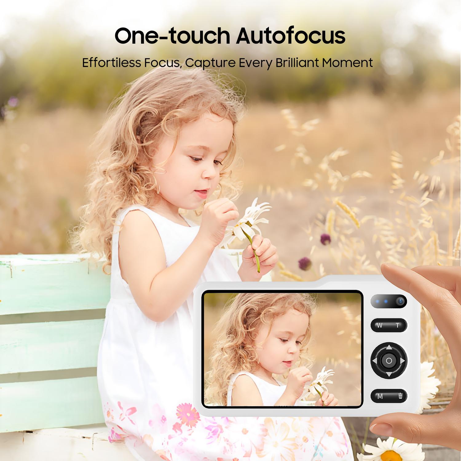 A kids' camera! Capture precious childhood memories without phone distractions. 64MP photos, 1080P video, 16x zoom, autofocus, stabilization and flash. 0.25 lbs lightweight, with 2 batteries and 64GB card included. Ideal gift. Digital Digital Portable
