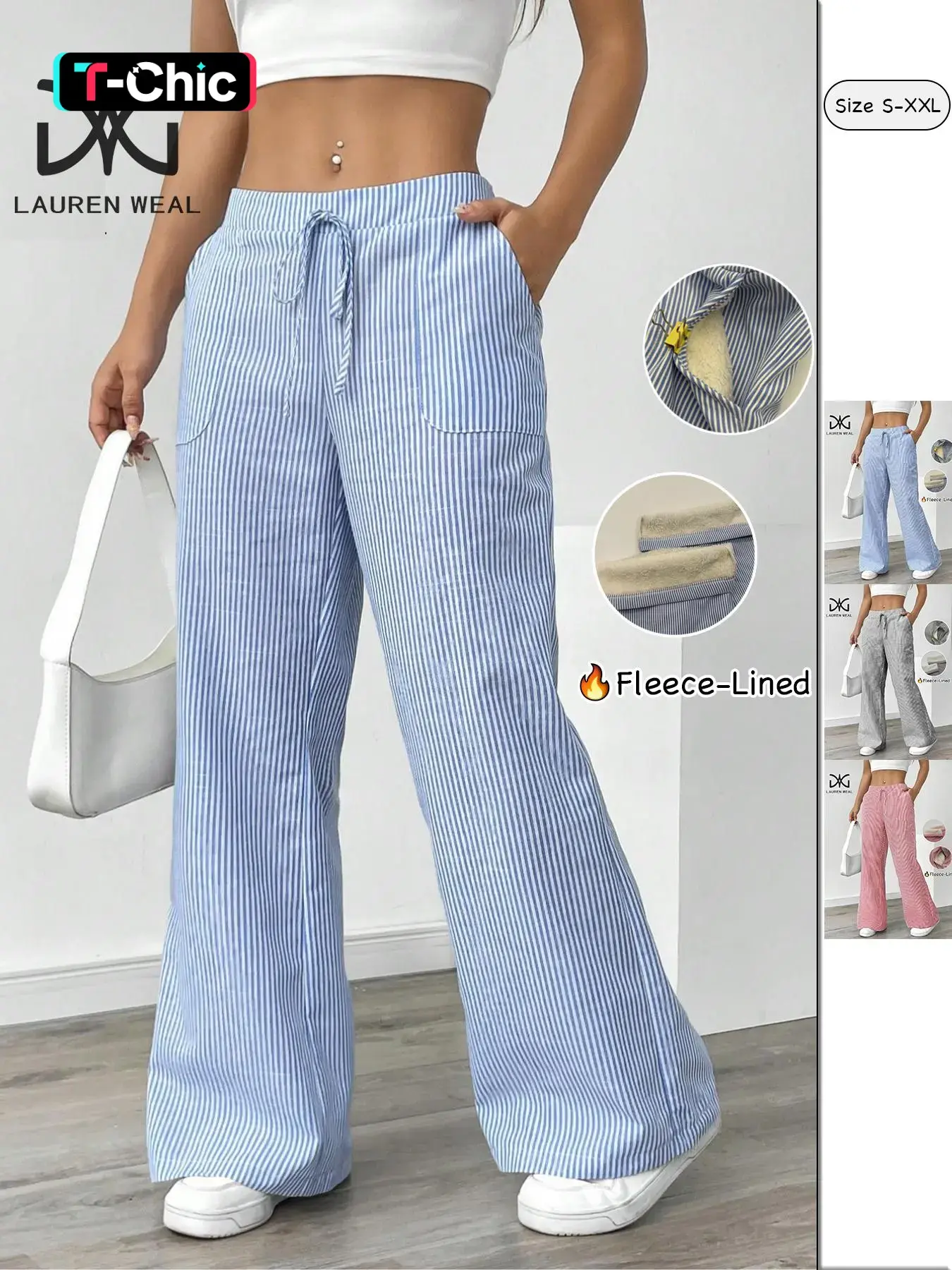 Women's Fleece Lined Striped Trousers, High Waisted Wide Leg Palazzo Pants, Casual Lounge Bottoms with Drawstring, Warm Winter Fleece Pants, Comfy Straight Leg Trousers, Athleisure Casual Trousers
