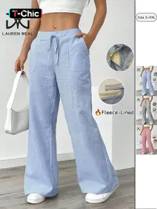 Women's Fleece Lined Striped Trousers, High Waisted Wide Leg Palazzo Pants, Casual Lounge Bottoms with Drawstring, Warm Winter Fleece Pants, Comfy Straight Leg Trousers, Athleisure Casual Trousers