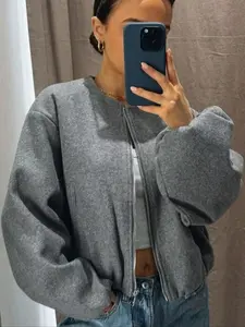 Women's New Oversized Bubble Sleeve Jacket, Zipper Bomber Jacket, Soft Casual Streetwear, Fashion Pilot Jacket, Spring & Fall Outerwear, Long Sleeve, Coats