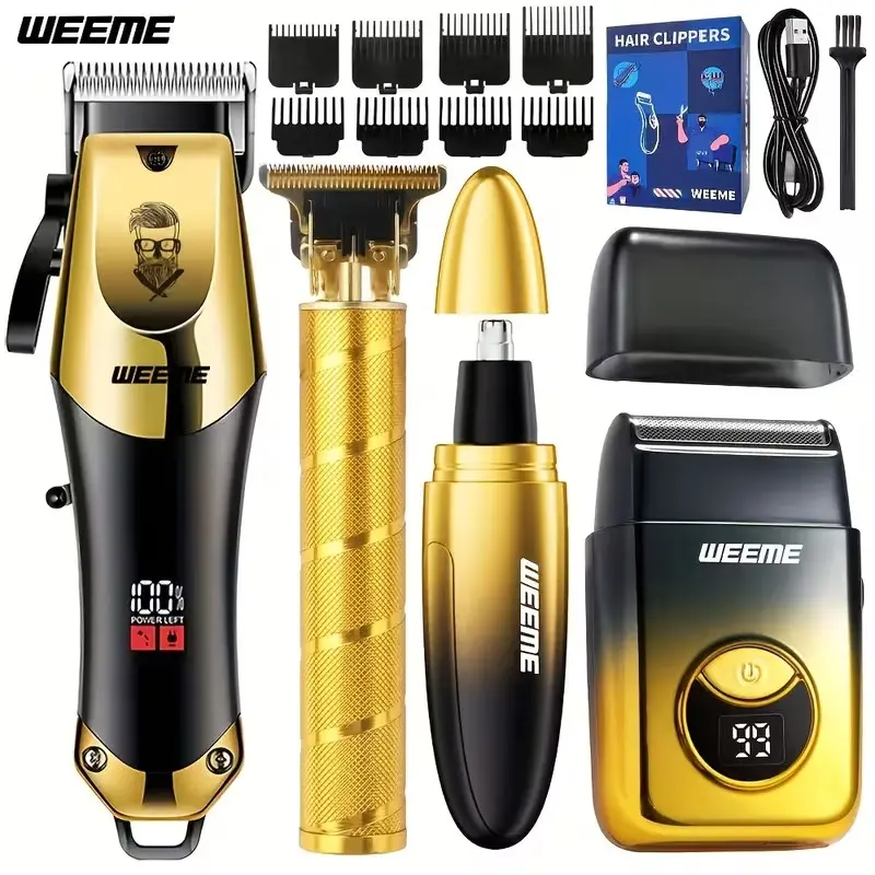 Weeme Professional Four-In-One Men's Grooming Set, Cordless Clippers Set, Cordless Trimmers Kit, Cordless Hair Cutting, Hair Clipper, T-Trimmer, Electric Shaver, Nose Trimmer, USB Charging, Design