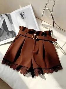Elegant Patchwork Contrast Lace Shorts, Casual Fitted Natural Waist Short Length Pants, Button Fly Closure, Includes Belt, Women's Fashion, Bottoms, Womenswear, Piece, Lady