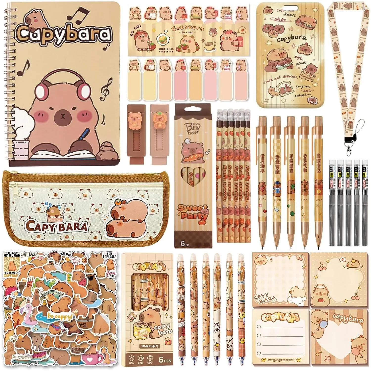 12-Count Cute Capybara Stationery Set for Students - Classroom Supplies, Learning Materials Including Ballpoint Pens, Notebooks, Pencil Case, Sticky Notes, Mechanical Pencils, Erasers, Notepads, Whimsical Aesthetic, Back To School Stuff