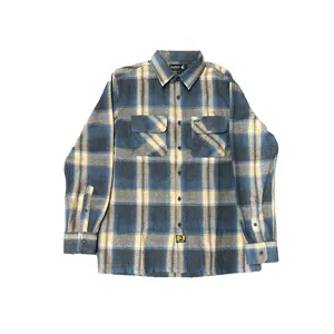 Gunthers Co Men's Plaid Checked Collared Long-Sleeve Cotton Flannel Shirt - Blue Cream Ombre Birch Street Fabric, Casual Basic Fashion Menswear Top