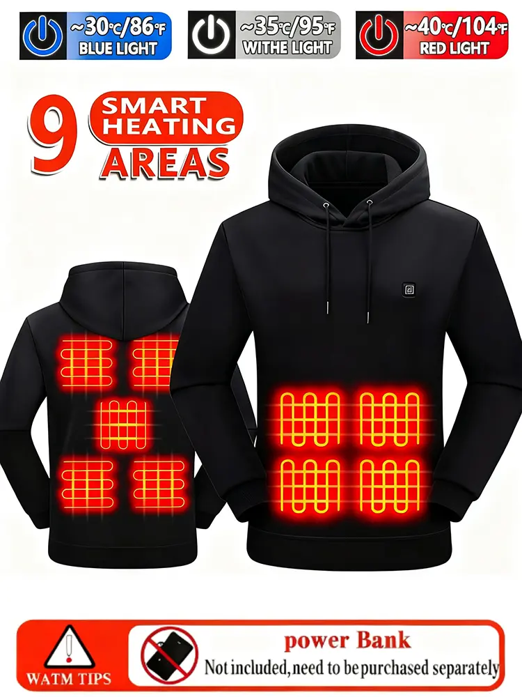Men's Casual Long Sleeve Plain Pullover Smart Heated Hoodie Jacket, 7-Zone Electric Warmth, USB-C Fast Charging, Adjustable Temperature, Kangaroo Pocket, Machine Washable, Unisex, Autumn Winter, Battery Not Included Tops