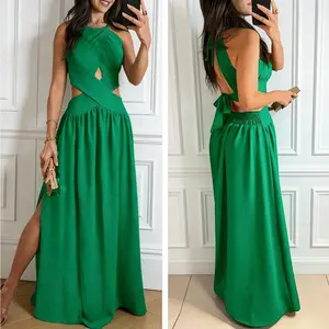 Women Halter Summer Dresses Elastic Waistband Sleeveless Cutout Backless Sundress Slit Boho Maxi Beach Wedding Guest Dress Womenswear Womenswear Minimalist Basic