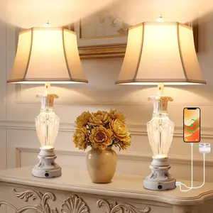 DEMILARE 28.5" Farmhouse Table Lamps Set of 2 White Finish with USB Charging Ports and Nightlight, 3 Color Temperatures Adjustable Lighting, Vintage Resin and Crystal Design for Bedroom Living Room, Bedside Reading Lamp,Stock Up,Mother's Day
