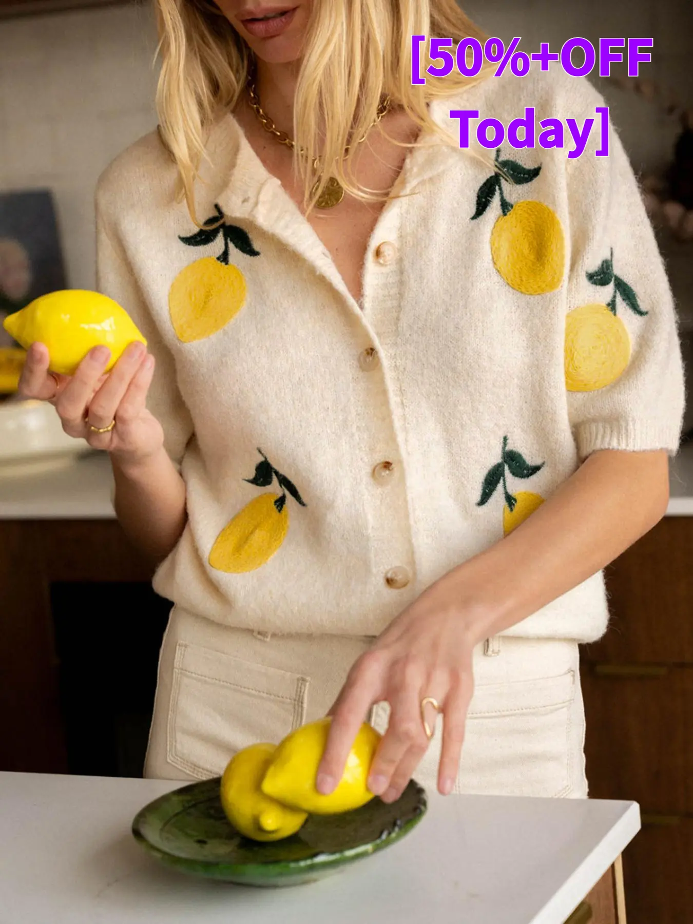 [50%+OFF Today] Women's Lemon Embroidery Sweater Cardigan, Casual Short Sleeve Knitwear for Daily Wear, Ladies Knitting Clothes for Summer