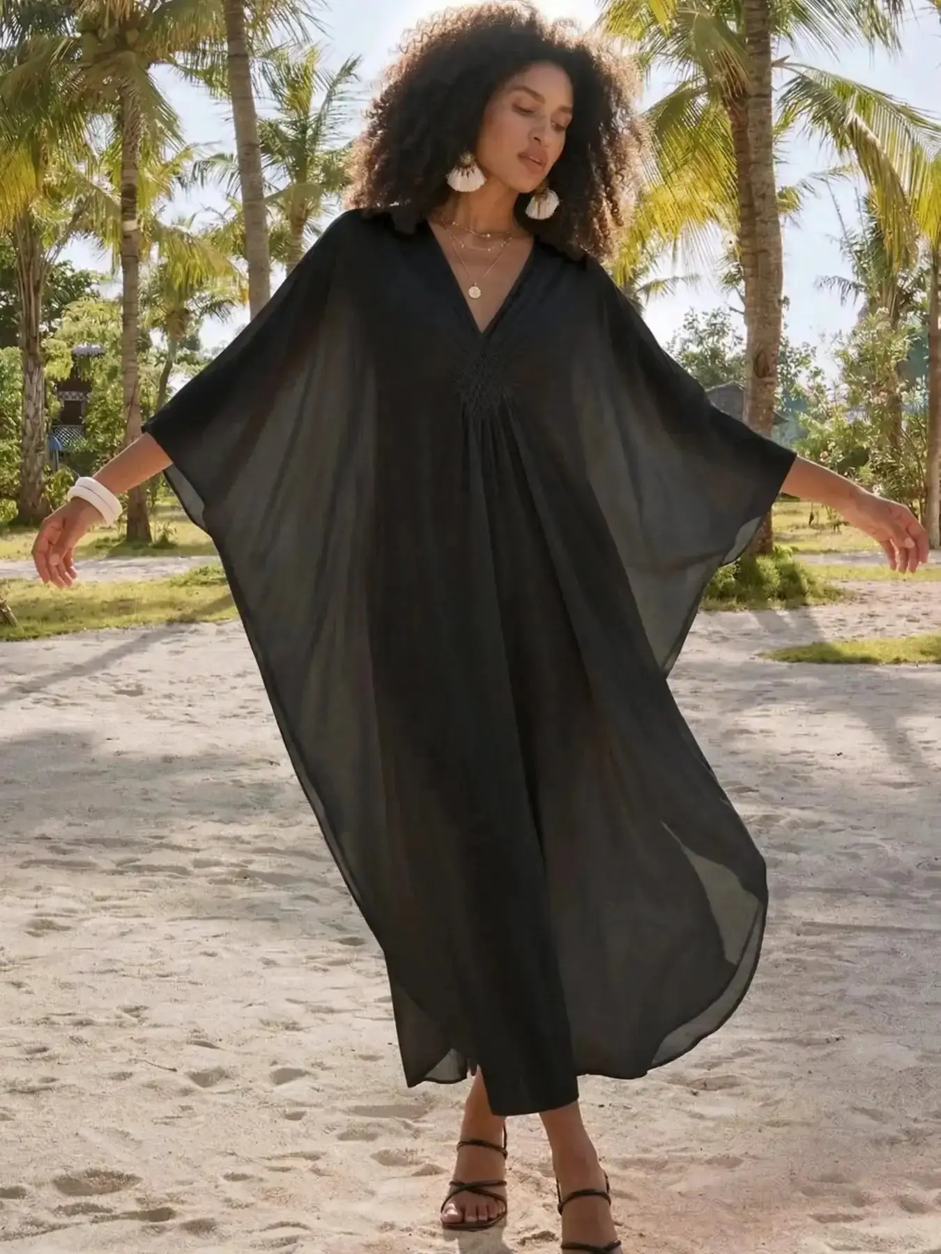 Kaftan White Boho Casual Dress Women's Caftan Maxi Homewear Relaxed House robe See-Through Beach wear Soft Bathing suit Cover up Vacation Bathrobe Lounge wear Q1306, Coastal Vibes, Body Shaping, Boho Style