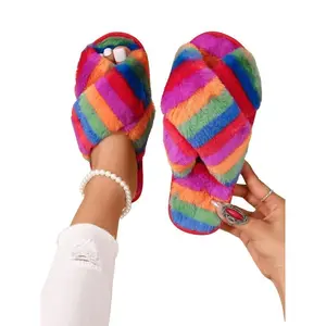 Women's Rainbow Stripe Pattern Plush Slippers, Casual Soft Comfortable Home Slippers, Warm Slippers for Indoor & Outdoor Use for Fall & Winter, Casual Fashion Slippers