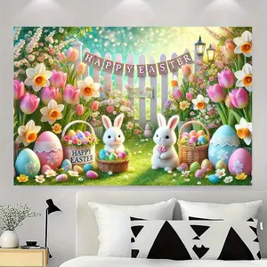 2D Backdrop Banner 1pc, Happy Easter Scene Background Cloth Wall Decor, Polyester Fabric Wall Covering, for Living Room Bedroom Office Home Outdoor Decor/ Party Deco, Holiday Gift, 8x6ft