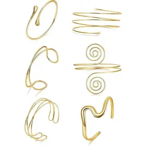 6Pcs Arm Cuff Gold Upper Arm Cuff Bracelet for Women Adjustable Open Cuff Bangle Minimalist Coil Swirl Armlet Armband Jewelry Set