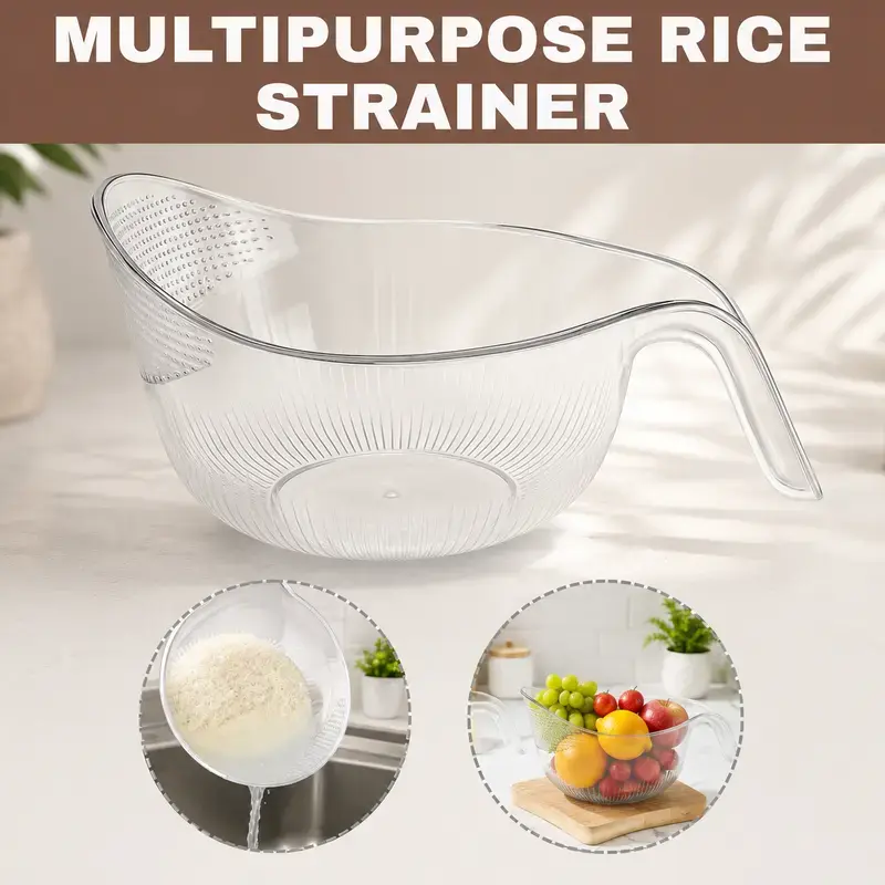 Aesthetic Multifunctional Rice Strainer with Handle - Sturdy BPA-Free Transparent Plastic Kitchen Utensil, Colander for Draining Vegetables, Fruits, Coffee Dispenser Set