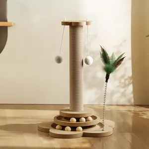 Natural Sisal Pad & Wooden Cat Tree Interactive Turntable Cat Toy for Indoor Cats and Kittens Vertical Scratcher Play Area