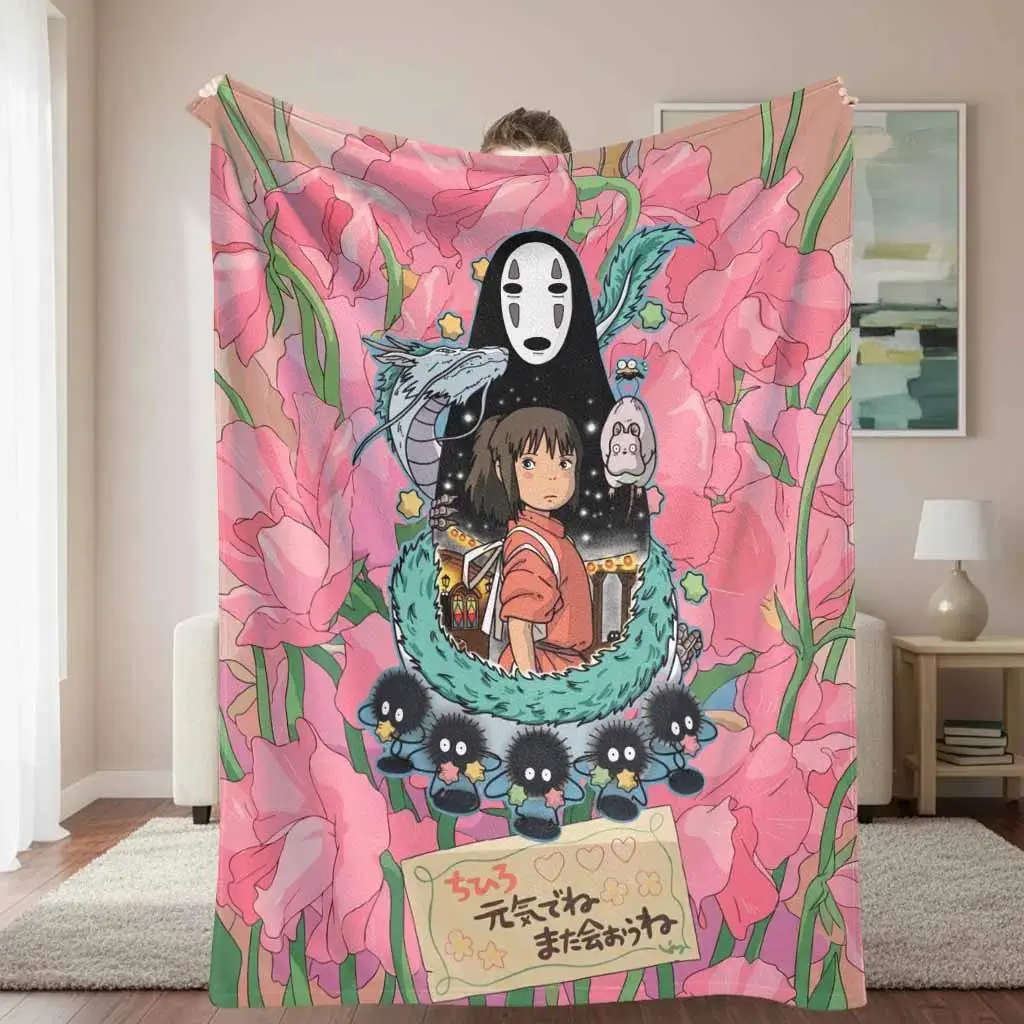 Spirited Away plush flannel blanket No Face and Chihiro Fujino print ultra soft lightweight breathable perfect for sofa living room bedroom gifting travel home decor.Suitable as a gift sizes 60*80,30*40 ,40*50 50*60