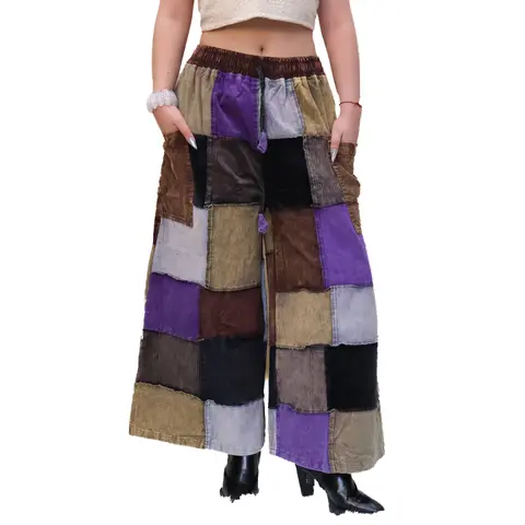 Women's Cotton Patchwork Corduroy Wide Leg Pants - Handmade Boho Hippie 90s Inspired Goth Earth Tone Palazzo Wrap Pants, Casual All Seasons Wear, XS-3XL