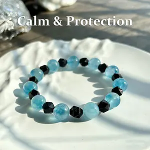 Natural Aquamarine & Black Spinel Calming & Protective Energy Bracelet, Daily Healing Bracelet for Purifying Thoughts & Protection, March Birthstone, Unisex Versatile Bracelet Accessory Perfect Gift for Mother's Day / Teacher's Day / Nurses' Day
